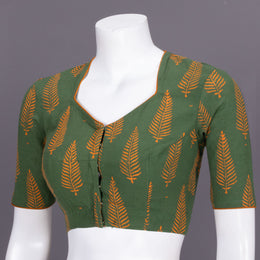 Green Kutchi Hand Block Printed Cotton Blouse 10072456