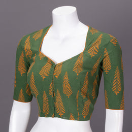 Green Kutchi Hand Block Printed Cotton Blouse 10073260