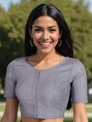 Grey Handcrafted Solid Cotton Blouse 10073692