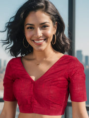 Red Handcrafted Solid Cotton Blouse 10073704