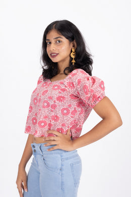 Pink Hand Block Printed Cotton Crop Top 10074295