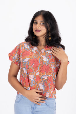 Orange Hand Block Printed Cotton Crop Top 10074297