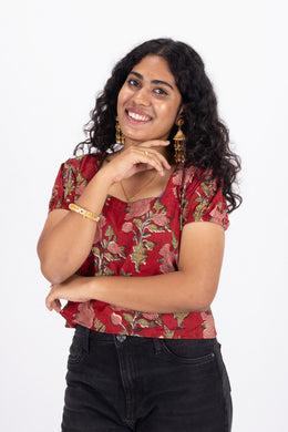 Red Hand Block Printed Cotton Crop Top  10074308