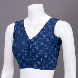 Blue Floral Motif Indigo Hand Block Print Cotton Blouse 10074580