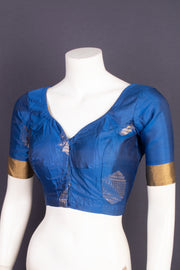 Royal Peacock Blue Kanjivaram Soft Silk Blouse With Geometric Motifs and Zari Border 10076623