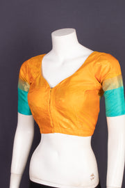 Amber Honey Yellow Kanjivaram Soft Silk Blouse With Contrast Border And Floral Motifs 10076628