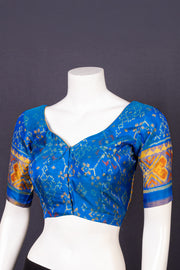 Classic Royal Blue Kanjivaram Silk Blouse With Floral Motifs and Geometric Border 10076634