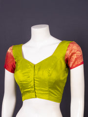 Honey Olive Green Kanjivaram Silk Blouse With Contrast Saffron Brick Red Border 10076636