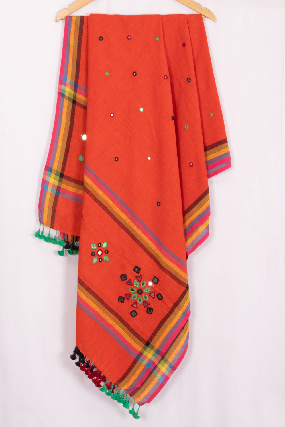 Blue - Kutch Bhujodi Handwoven Mirror Work Organic Kala Cotton Dupatta 06