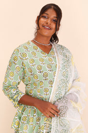 Green Hand Block Printed Cotton Chaniya Choli With Kota Doria Dupatta