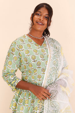 Green Hand Block Printed Cotton Chaniya Choli With Kota Doria Dupatta