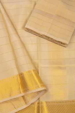 Sunkissed Beige Kanjivaram Silk 8 x 4 Stripes Dhoti With Gold Zari Border And With Shirt Material 10063277
