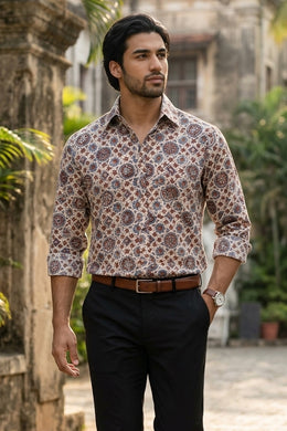 Cream Full Sleeve Ajrakh Printed Cotton Mens Shirt 10071161
