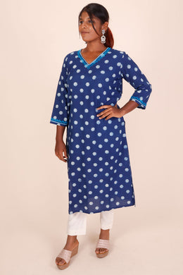 Indigo Dyed & Embroidered Dabu Printed Cotton Kurta 10068999 - Avishya