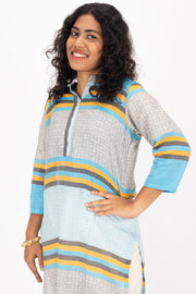 Blue Handcrafted Dhaniakhali Cotton Kurta 10073981