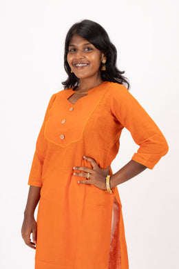 Orange Handcrafted Solid Style Cotton Kurta 10074329