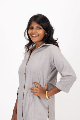 Grey Handcrafted Solid Style Oxford Cotton Kurta 10074337