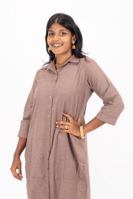 Brown Handcrafted Solid Style Oxford Cotton Kurta 10074338