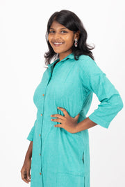 Green Handcrafted Solid Style Oxford Cotton Kurta 10074341