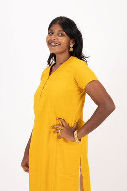 Yellow Handcrafted Solid Style Oxford Cotton Kurta 10074343