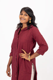 Maroon Handcrafted Solid Style Oxford Cotton Kurta 10074347