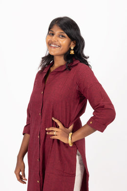 Maroon Handcrafted Solid Style Oxford Cotton Kurta 10074347