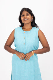 Blue Handcrafted Solid Style Oxford Cotton Kurta 10074349