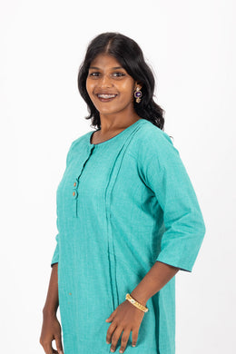 Green Handcrafted Solid Style Oxford Cotton Kurta 10074350