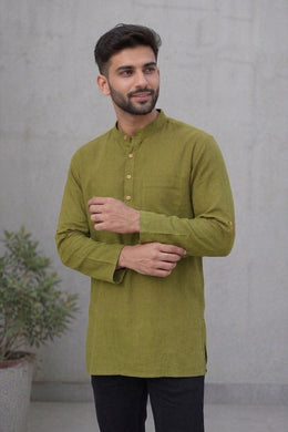 Green Full Sleeve Slub Cotton Solid Style Men's Kurta 10074249