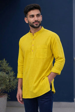 Yellow Full Sleeve Slub Cotton Solid Style Men's Kurta 10074250
