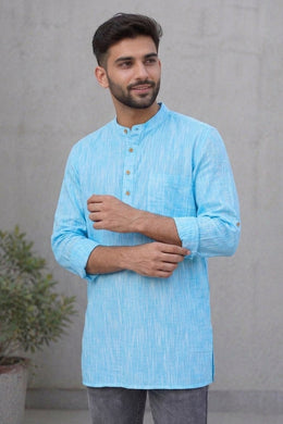 Blue Full Sleeve Slub Cotton Solid Style Men's Kurta 10074251