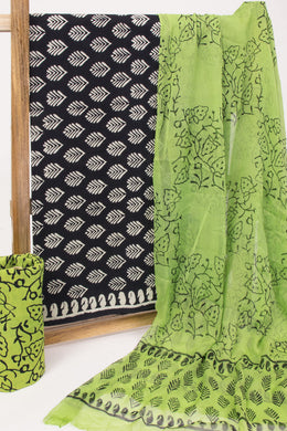 Black Hand Block Cotton 3-Piece Salwar Suit Material With Printed Dupatta 10065070