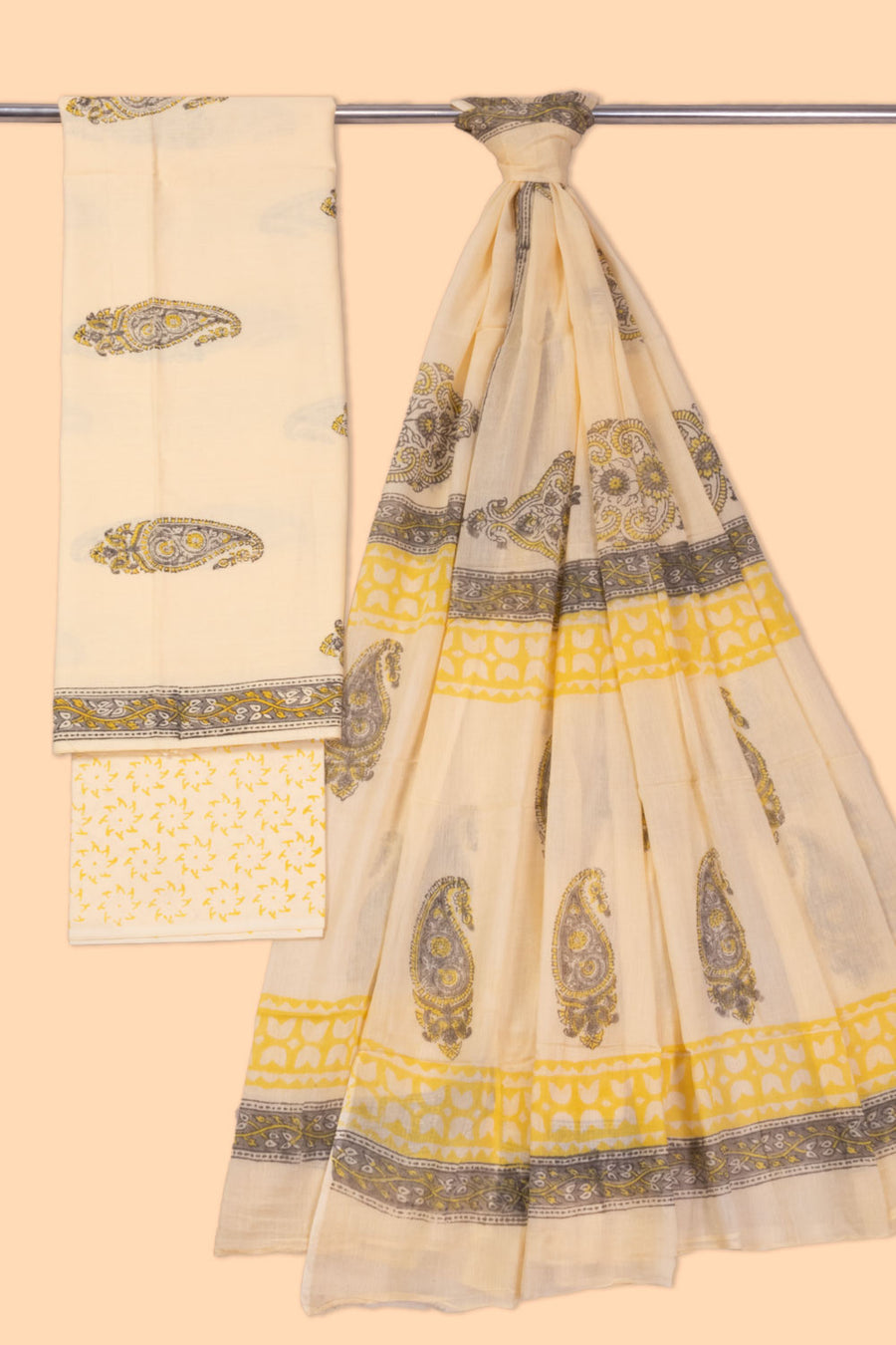 Cream 3-Piece Mulmul Cotton Salwar Suit Material 10068608 - Avishya