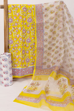 Yellow 3-Piece Mulmul Cotton Salwar Suit Material With Kota Dupatta 10070100