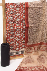 Brick Red 3-Piece Mulmul Cotton Salwar Suit Material With Kota Dupatta 10070108