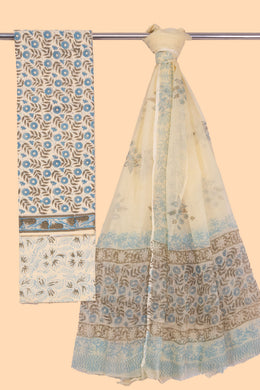 Cream 3-Piece Mulmul Cotton Salwar Suit Material With Kota Dupatta