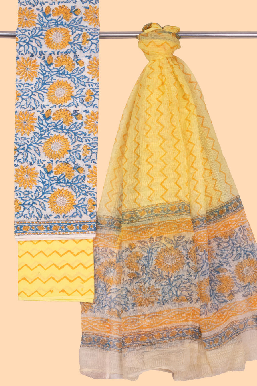 Off-White 3-Piece Mulmul Cotton Salwar Suit Material With Kota Dupatta- 10070112