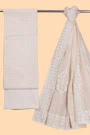White Barmer Applique Embroidered Cotton 3 Piece Salwar Suit Material 10070145  - Avishya
