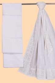 White Solid Style Cutwork Applique Embroidered Cotton 3 Piece Salwar Suit Material 10070157