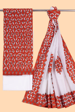 Red  Ajrakh Printed Cutwork Applique Embroidered Cotton 3 Piece Salwar Suit Material 10070165