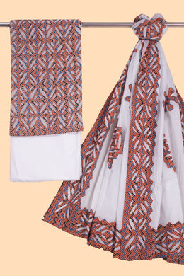 Orange Ajrakh Printed Cutwork Applique Embroidered Cotton 3 Piece Salwar Suit Material 10070166