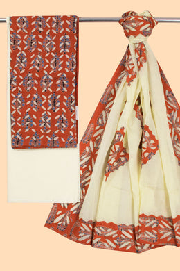 Red Ajrakh Printed Cutwork Applique Embroidered Cotton 3 Piece Salwar Suit Material