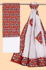 Red Ajrakh Printed Cutwork Applique Embroidered Cotton 3 Piece Salwar Suit Material