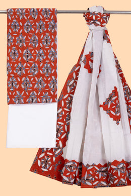 Red Ajrakh Printed Cutwork Applique Embroidered Cotton 3 Piece Salwar Suit Material