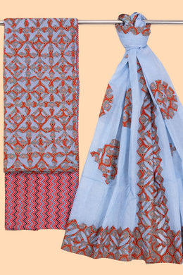 Red Ajrakh Printed Cutwork Applique Embroidered Cotton 3 Piece Salwar Suit Material