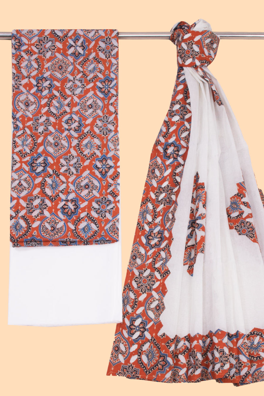 Tangerine Orange Barmer Applique Embroidered Cotton 3 Piece Salwar Suit Material 10070180