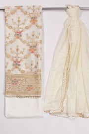 White Embroidered Silk 3-Piece Salwar Suit Material 10072068