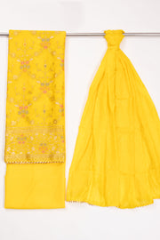 Yellow Embroidered Silk 3-Piece Salwar Suit Material 10072069