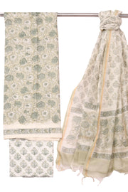 Grey Handblock Printed Silk Cotton 3 Piece Salwar Suit Material 10072920