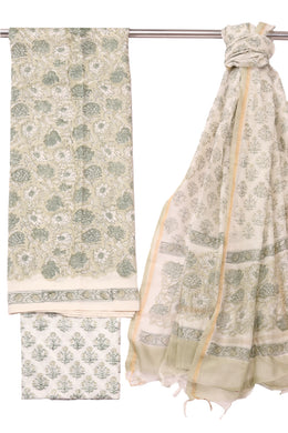 Grey Handblock Printed Silk Cotton 3 Piece Salwar Suit Material 10072920